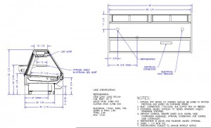 Gravity deli case with a tank cross-section